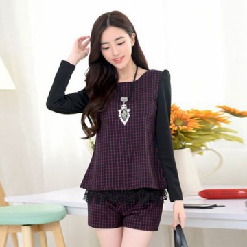 TE6963BLJL Casual grid long sleeve tops with shorts red