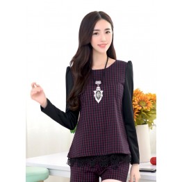 TE6963BLJL Casual grid long sleeve tops with shorts red