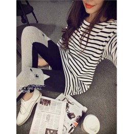 TE9129YBF Joker casual stripes round neck long sleeve T-shirt