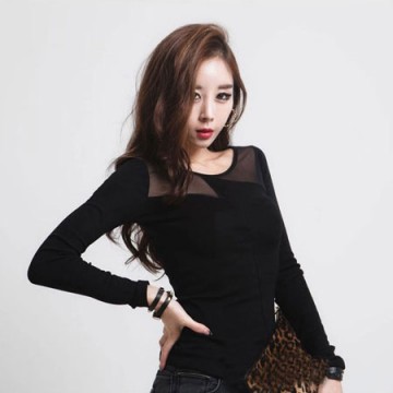 TE8983WMSS Long sleeve grenadine splicing T-shirt black