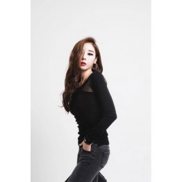 TE8983WMSS Long sleeve grenadine splicing T-shirt black