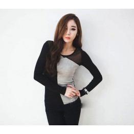 TE8983WMSS Long sleeve grenadine splicing T-shirt grey