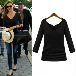 TE8987WMSS V-neck long sleeve Europe style T-shirt black