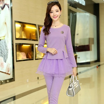 TE8896QQ Europe fashion elegant casual long sleeve tops with pants purple