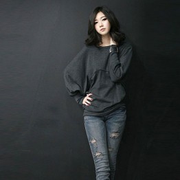 TE8986WMSS Korean fashion loose batwing sleeve backing T-shirt grey