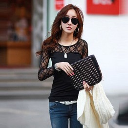 TE8992WMSS Korean fashion lace splicing slim backing T-shirt black