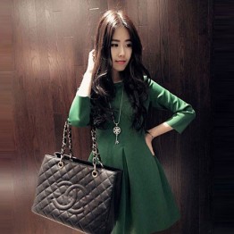 TE807SSKN Korean fashion three quarter sleeve bubble dress green