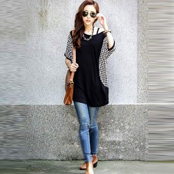 TE59201BLJL Houndstooth sleeve casual T-shirt black