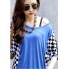 TE59208BLJL Checkerboard pattern flying squirrel sleeve casual T-shirt blue