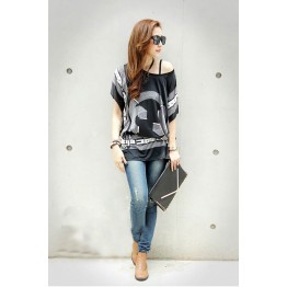 TE59211BLJL Baroque totem pattern off shoulder T-shirt black