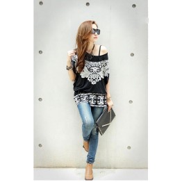 TE59213BLJL Totem print lacing waist casual T-shirt black