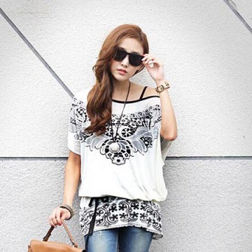 TE59214BLJL Totem print lacing waist casual T-shirt white