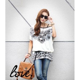 TE59214BLJL Totem print lacing waist casual T-shirt white