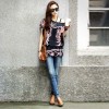 TE59216BLJL Autumn print lacing waist casual T-shirt