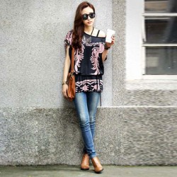 TE59216BLJL Autumn print lacing waist casual T-shirt