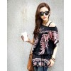 TE59216BLJL Autumn print lacing waist casual T-shirt