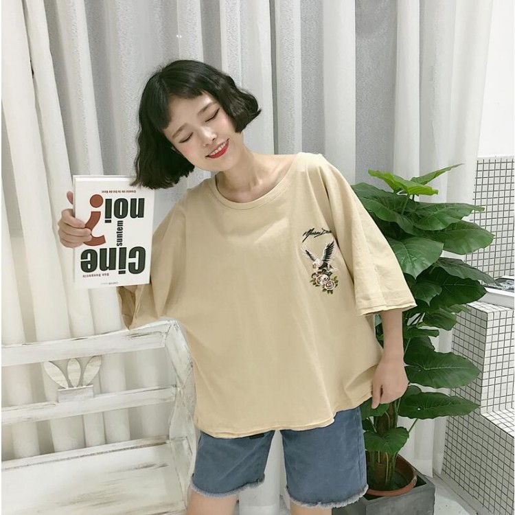 TE6305GZF Loose eagle embroidery hollow out back t-shirt