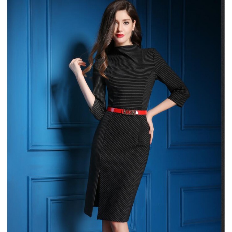 TE9083LLYG Europe fashion stand collar temperament stripes dress