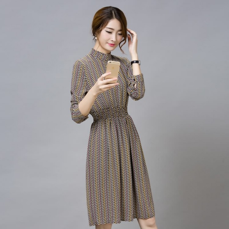 TE9546JDYJ Korean style print slim waist long sleeve chiffon dress