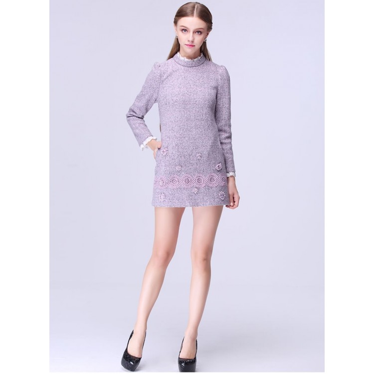 TE9639LLYG Winter fashion lace collar embroidery long sleeve dress