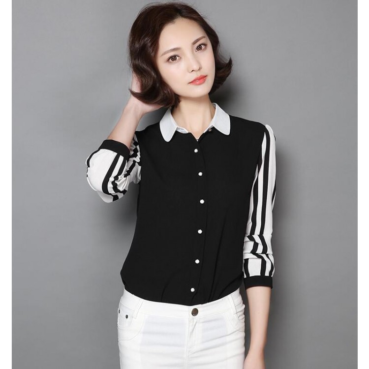 TE9071YFND Korean style stripes sleeve slim blouse