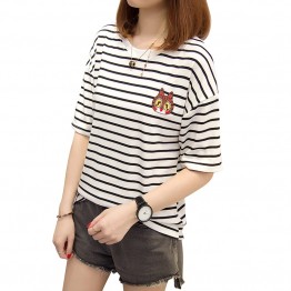 Real shot short - sleeved t - shirt female summer Korean version of loose black and white striped fat mm large size women 's clothing 200 pounds 3932