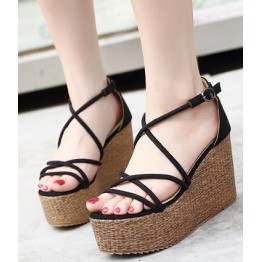 Summer new beige Roman hollow banded high-heeled sandals female slope with waterproof platform outdoor travel sandals open toe