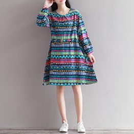 0906 literature and art retro cotton and linen nine sleeves printed silk series dress 