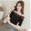 6503 women's girdle stitching boat neck off shoulder ice silk sweater