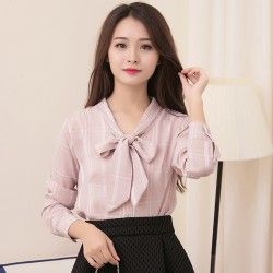 5669 spring new lace lattice loose bow tie woman long sleeve backing shirt