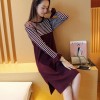 719 lotus leaf sleeve stripes round collar slim knitted sweater 