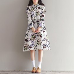 0901 art retro cotton and linen printed school long sleeve dress