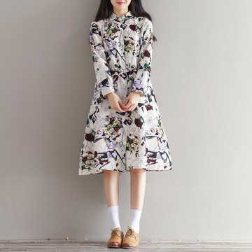 [Real shot] Spring and Autumn new art retro cotton and linen printed school long sleeve dress 0901 #