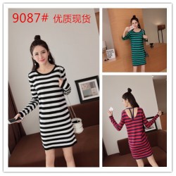 9087 Korean fashion stripes long sleeve dress