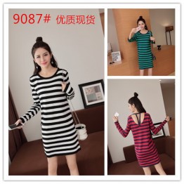 9087 Korean fashion stripes long sleeve dress