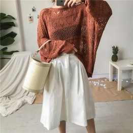 Real shot price of Hong Kong taste ulzzang retro loose lantern sleeves knitted sunscreen shirt women