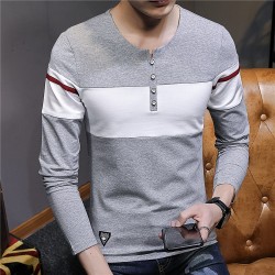 817 Autumn men's long sleeves cotton v-neck puzzle knit t-shirt