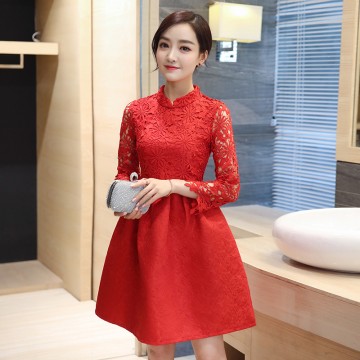 1065 real shot 2017 autumn stand collar nine sleeves dress improvement cheongsam collar lace silk empty dress female