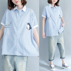 8799 large size women's vertical stripes embroidery art simple loose shirt