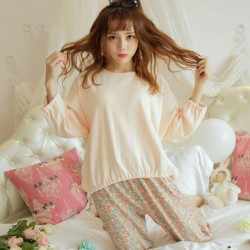 8616 large size women's loose long-sleeved T-shirt + floral milk silk trousers two-piece pajamas