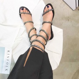 Summer new flat with a diamond sandals snake-style low-heeled shoes with small pepper with the words of the word toe sandals female