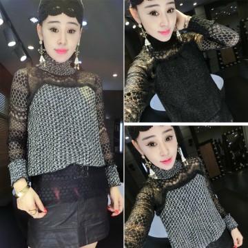  9610 autumn and winter new high-end women's fur coat personality stitching semi-high collar lace bottoming shirt