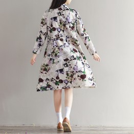 0901 art retro cotton and linen printed school long sleeve dress