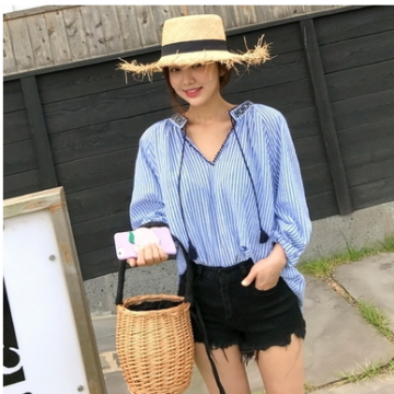 3078  national style embroidery women's striped loose shirt