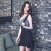 2017 summer new Korean version of the temperament stitching lattice strap Slim package hip lotus leaf dress