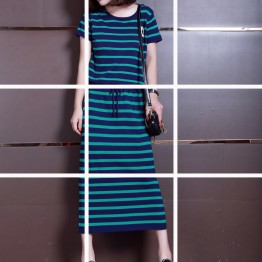 European station summer new European goods fashion ice silk knitted striped dress short sleeve two sets of skirt