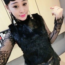 9615 European fashion black lace shirt long sleeve bottom shirt real rabbit hair 