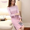 719 lotus leaf sleeve stripes round collar slim knitted sweater 