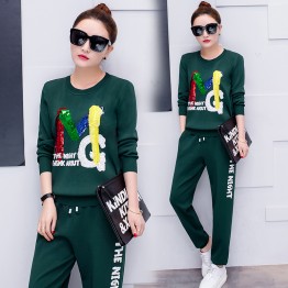 708 # 2017 autumn sports suit female fashion Korean version was thin sequined casual two-piece round neck sweater