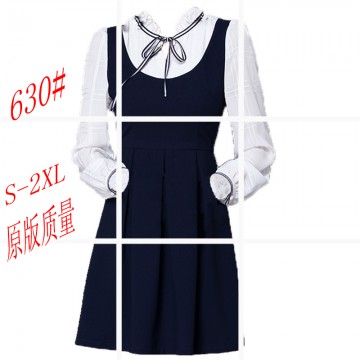 630 bowknot fake two piece  long sleeve pleated dress